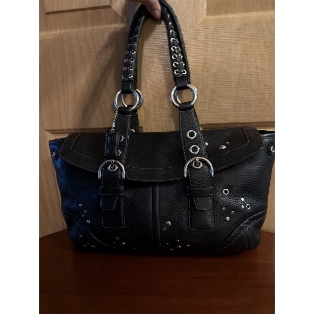 Coach Studded Black Leather Expandable Flap Business Tote Bag/Purse/Satchel RARE